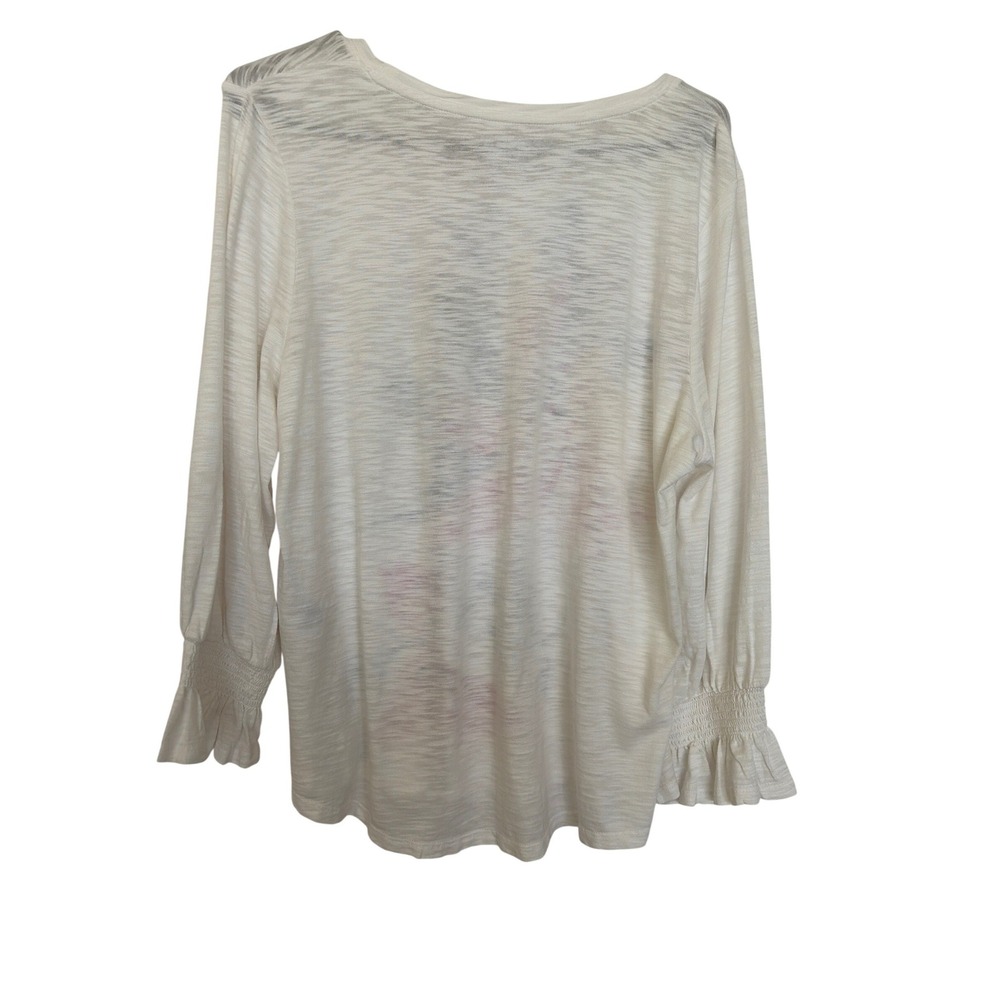 Chico's Placed Lily Smocked Tee Cotton Slub Floral Graphic Top White Pink L (2) - Picture 3 of 8